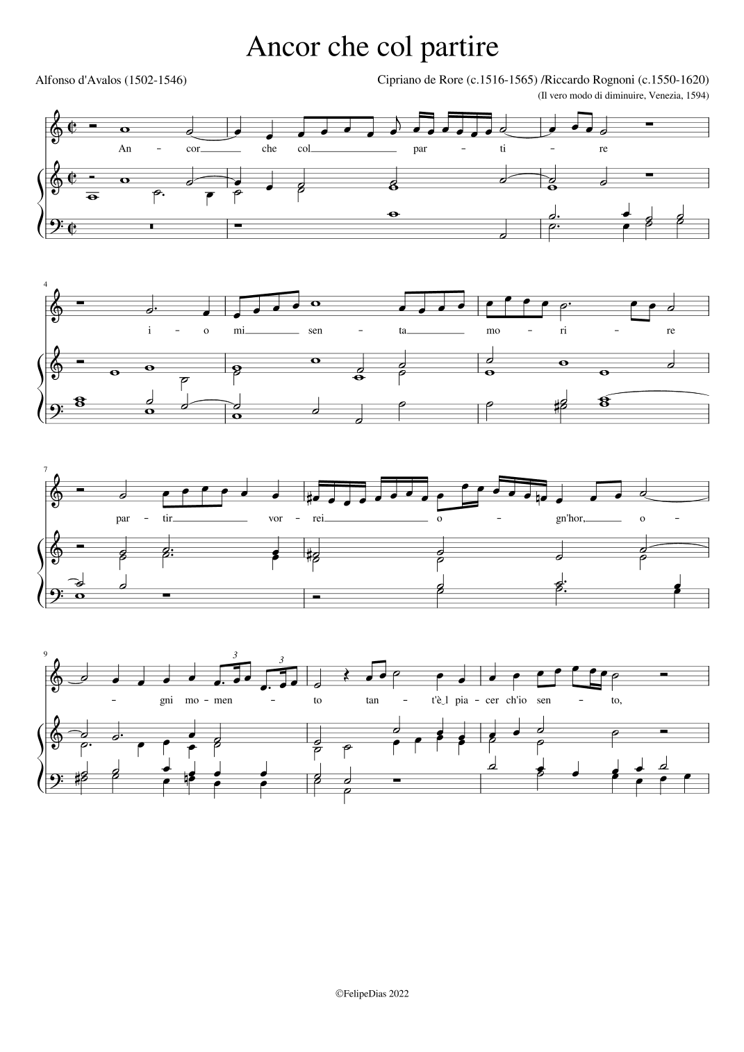 Ancor che col partire (with divisions by Riccardo Rognoni) (arr. Early Music Scores)