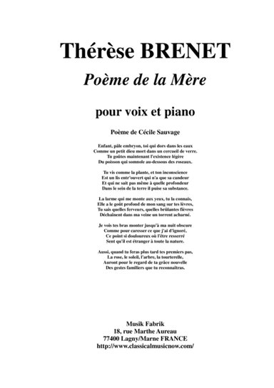 Therese Brenet : Poeme de la Mere for medium voice and piano