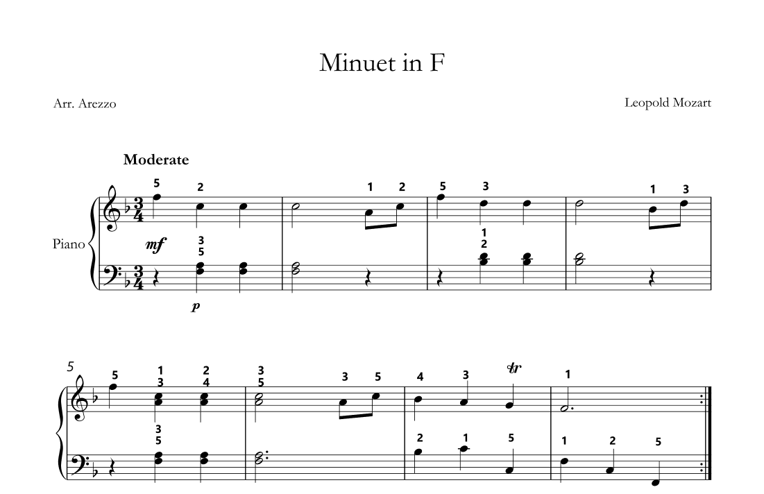 leopold mozart minuet in f sheet music for easy piano classical minuet (arr. Arezzo Music)