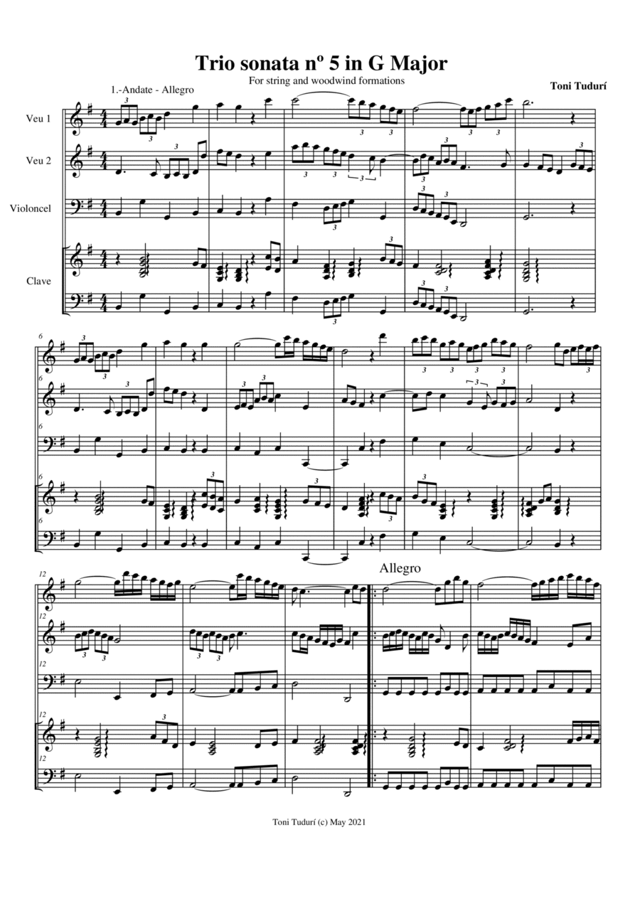 Trio sonata nº5 in G Major for flute, violin & cello or 2 violins & cello and basso continuo (SCORE