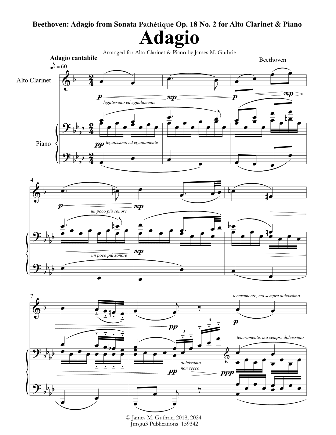 Beethoven: Adagio from Sonata Pathetique for Alto Clarinet & Piano (arr. James M. Guthrie, ASCAP)