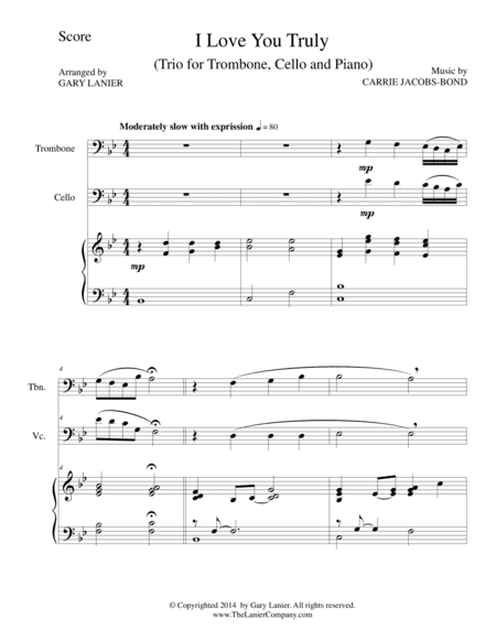 I LOVE YOU TRULY (Trio – Trombone, Cello, and Piano with Score and Parts) (arr. Gary Lanier)