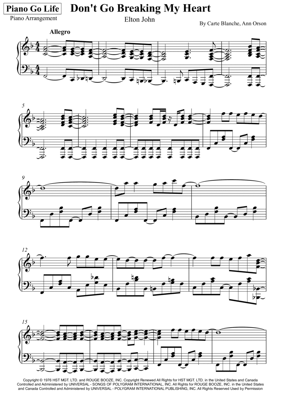 Don't Go Breaking My Heart (arr. Piano Go Life)