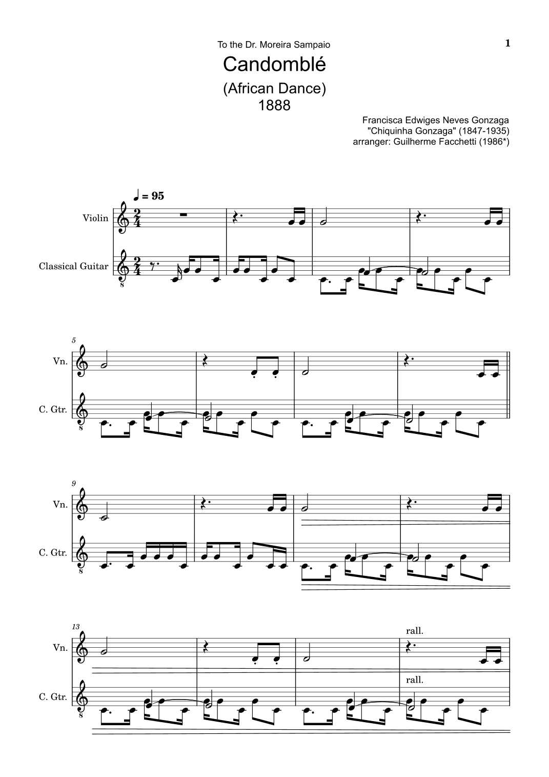 Chiquinha Gonzaga - Candomblé. Arrangement for Violin and Classical Guitar. Score and Parts (arr. Guilherme Facchetti)
