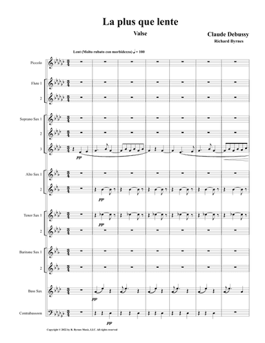 Claude Debussy – La plus que lent (Saxophone Choir + Piccolo, 2 Flutes & Contrabassoon) (arr. Richard Byrnes)