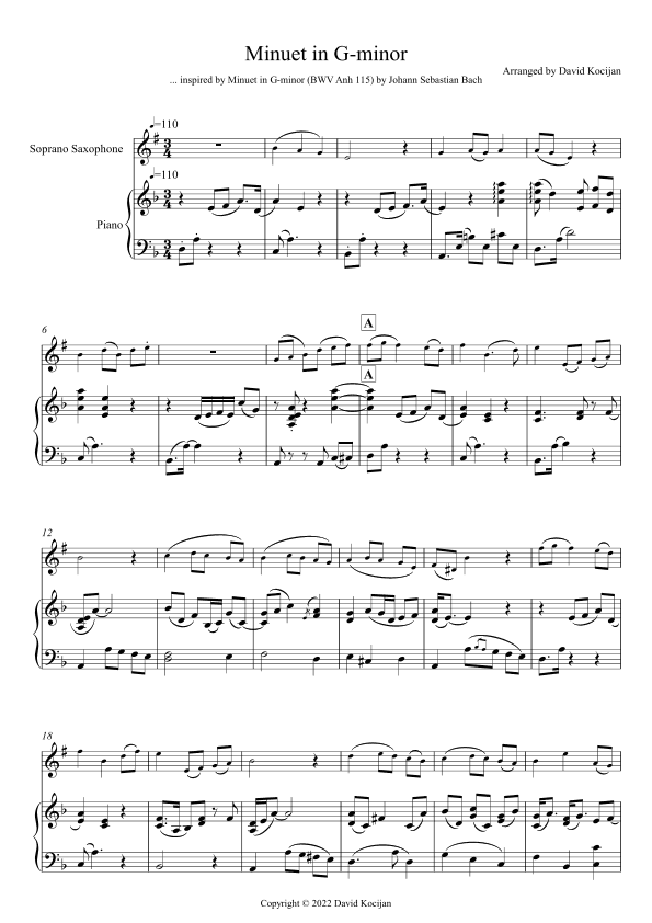Minuet in G-minor - EASY (soprano sax & piano) (arr. David Kocijan)