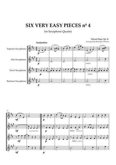 Six Very Easy Pieces nº 4 (Andantino) - For Saxophone Quartet (arr. Henrique Oliveira)