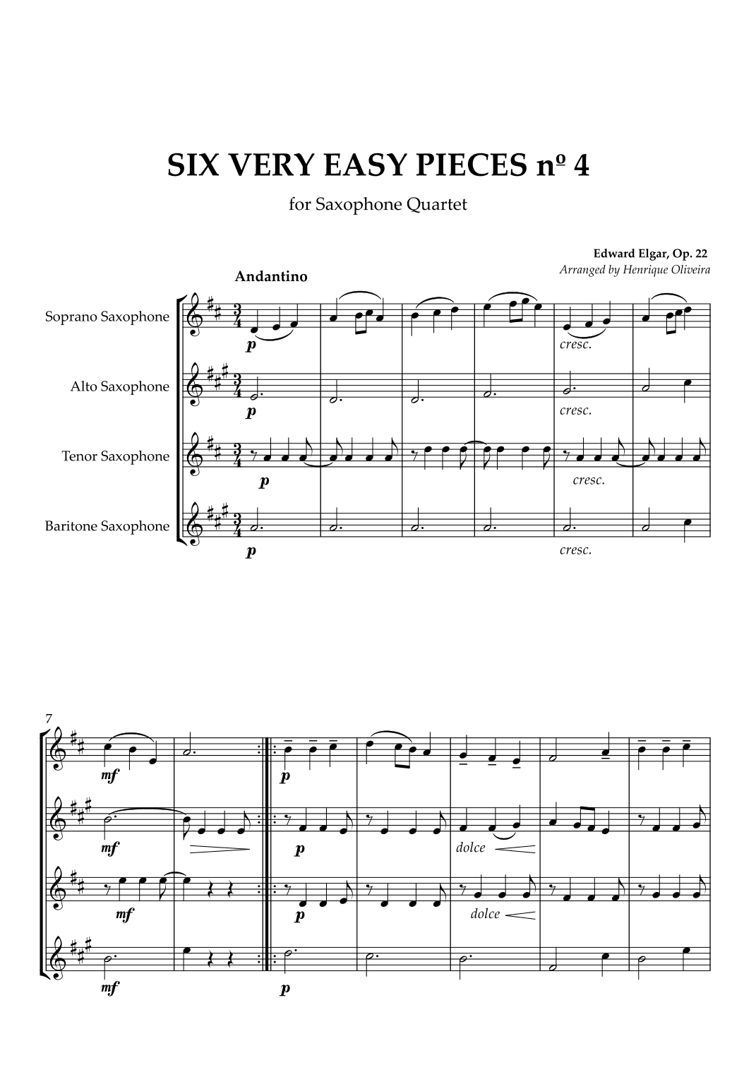 Six Very Easy Pieces nº 4 (Andantino) - For Saxophone Quartet (arr. Henrique Oliveira)