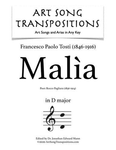 TOSTI: Malìa (transposed to D major) (arr. ArtSongTranspositions.com)