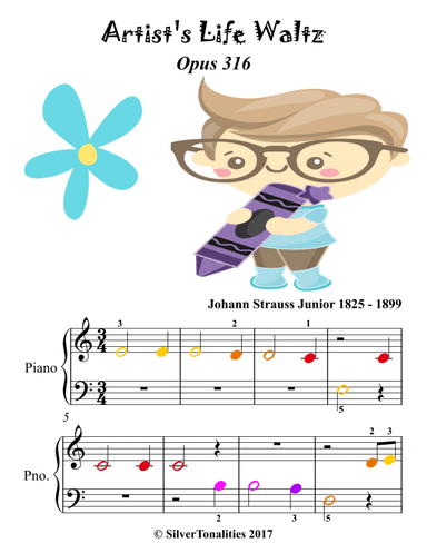 Artist's Life Waltz Opus 316 Beginner Piano Sheet Music with Colored Notation (arr. SilverTonalities)