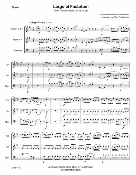 LARGO AL FACTOTUM (the Barber of Seville) for BRASS TRIO (unaccompanied) (arr. Glen Poehlmann)