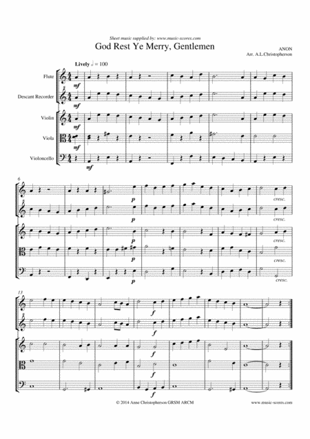 God Rest Ye Merry Gentlemen - Flute, Recorder, Violin, Viola, Cello (arr. Anne L Christopherson GRSM ARCM)