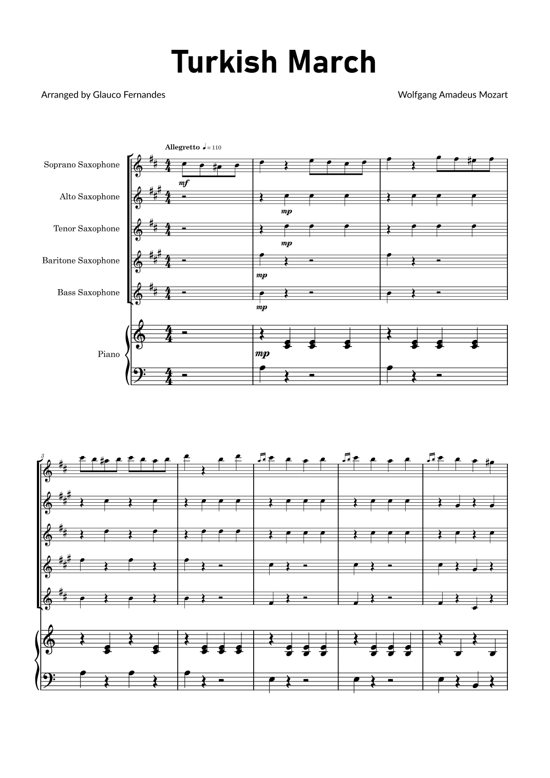 Turkish March by Mozart - Saxophone Quintet with Piano (arr. Glauco Fernandes)