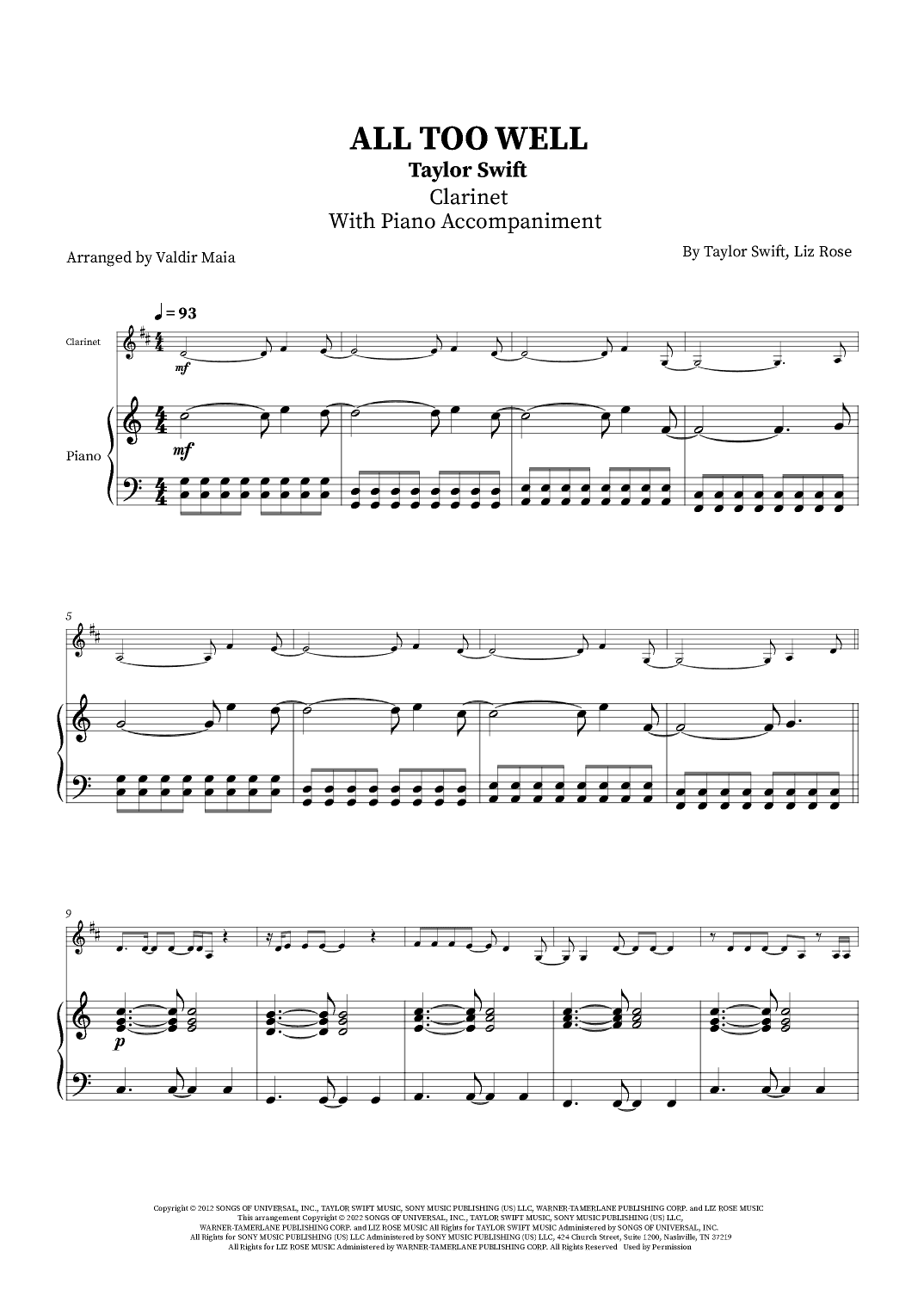 All Too Well (arr. Valdir Maia)