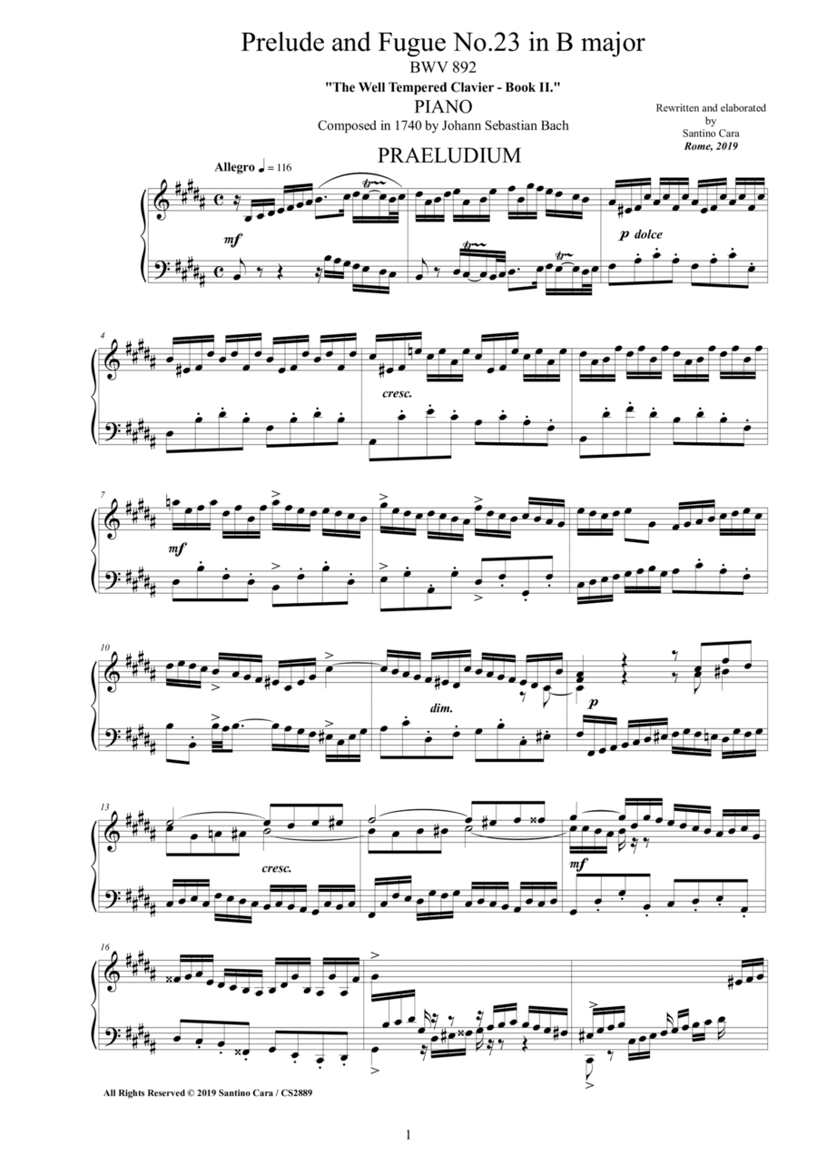 Bach - Prelude and Fugue No.23 in B major BWV 892 for Piano (arr. Santino Cara)