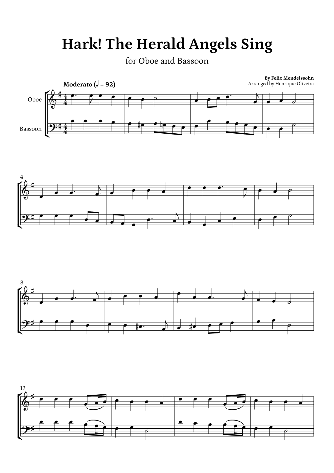 Hark! The Herald Angels Sing (Oboe and Bassoon) - Beginner Level (arr. Henrique Oliveira)