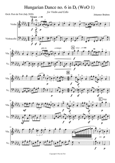 Hungarian Dance no. 6 in Db - J Brahms (WoO 1 - J Brahms (Violin & Cello) (arr. Peet du Toit)