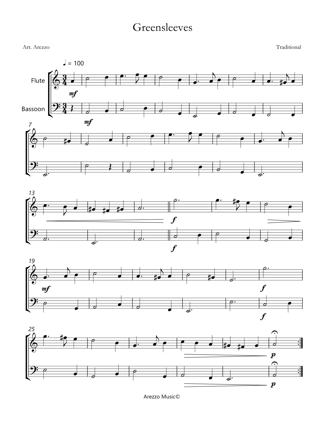 greensleeves violin and bassoon sheet music (arr. Arezzo Music)