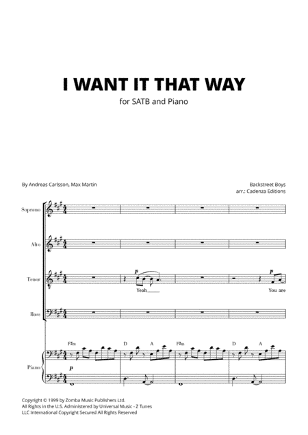 I Want It That Way (arr. Cadenza Editions)