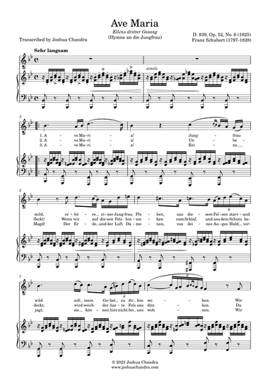 Ave Maria by Schubert (Piano & Voice Parts in German) (arr. Joshua Chandra)