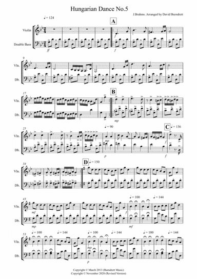 Hungarian Dance No.5 for Violin and Double Bass (arr. David Burndrett)
