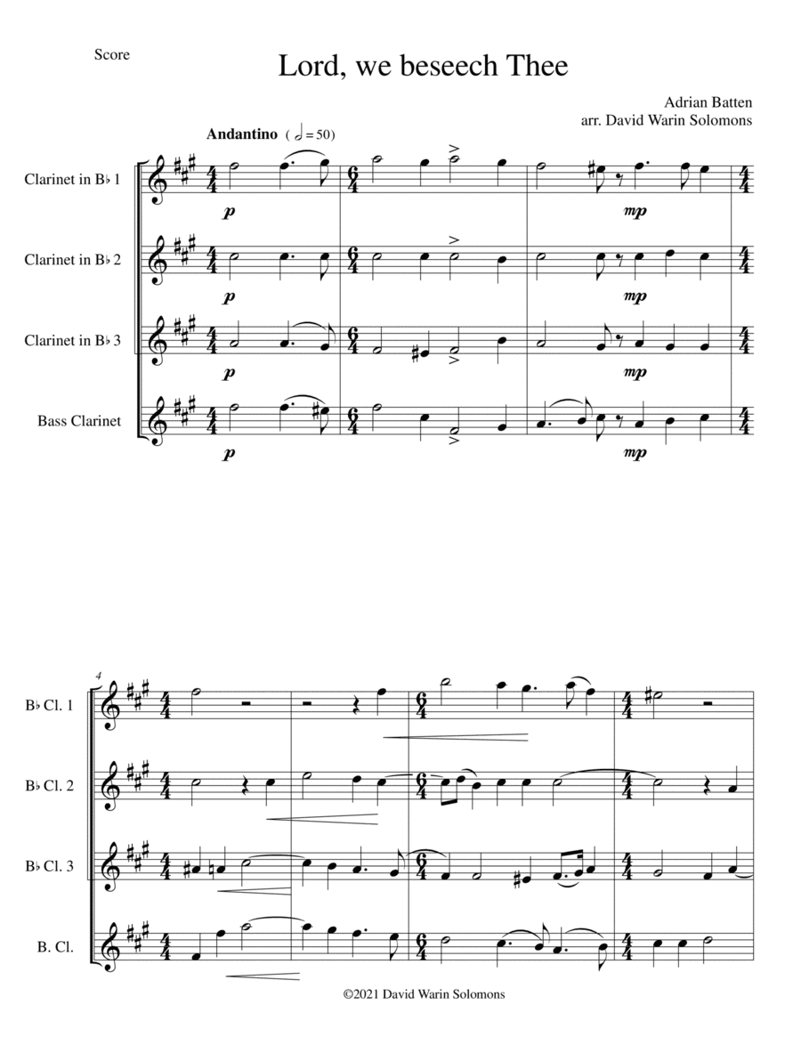 Lord, we beseech Thee for clarinet quartet (arr. David Warin Solomons)