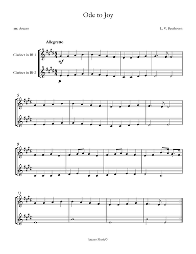 ode to joy clarinet duo sheet music (arr. Arezzo Music)
