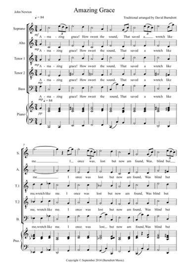 Amazing Grace for Choir (SATTB) and Optional Piano (arr. David Burndrett)