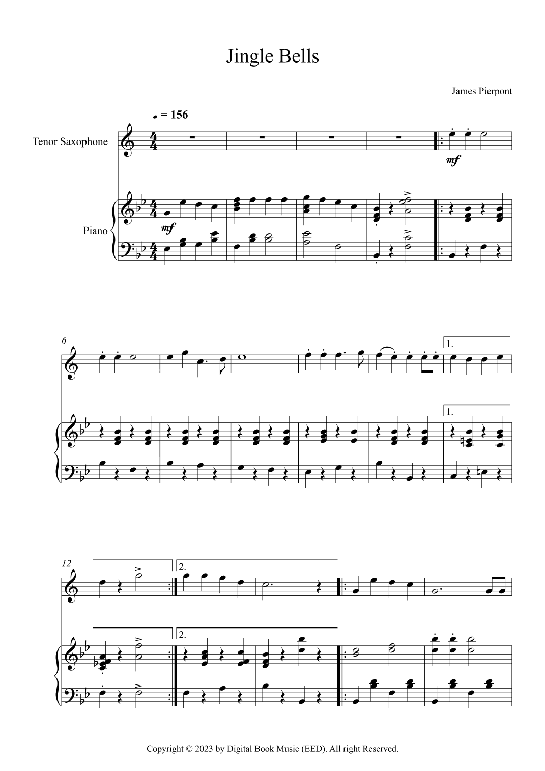 Jingle Bells, James Pierpont (Tenor Sax + Piano) (arr. Digital Book Music)