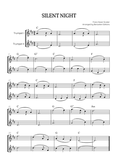 Silent Night for trumpet in Bb duet • easy Christmas song sheet music (w/ chords) (arr. Benzaiten Editions)