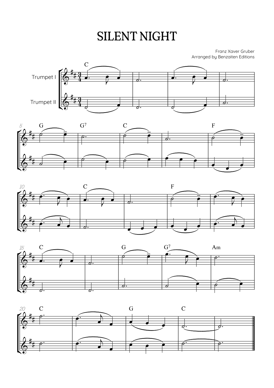 Silent Night for trumpet in Bb duet • easy Christmas song sheet music (w/ chords) (arr. Benzaiten Editions)