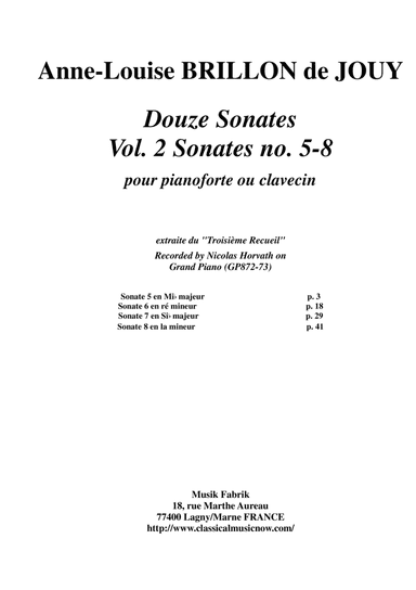 Anne-Louise Brillon de Jouy: 12 Sonatas, Vol. 2: Sonatas 5-8 for piano or harpsichord (arr. Musik Fabrik Music Publishing)
