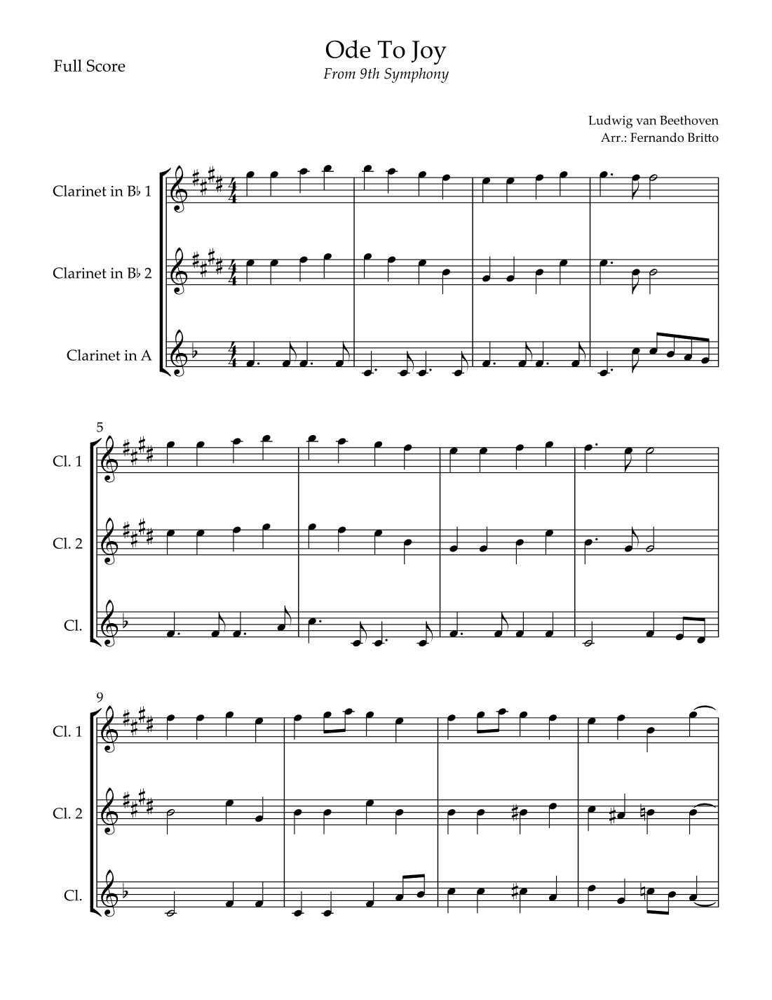 Ode To Joy Theme (from Beethoven's 9th Symphony) for Clarinet Trio (arr. Fernando Britto)