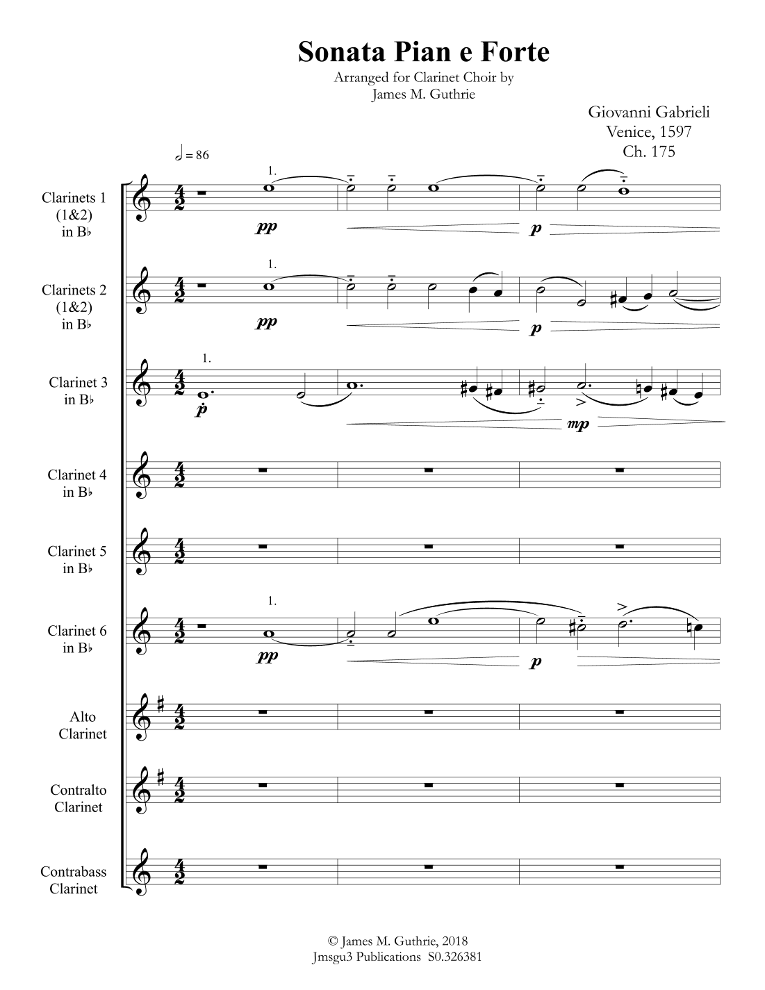 Gabrieli: Sonata Pian e Forte Ch. 175 for Clarinet Choir (arr. James M. Guthrie, ASCAP)