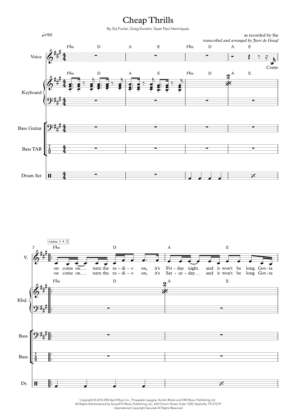 Cheap Thrills (feat. Sean Paul) (arr. Joeri de Graaf Muziekproducties)