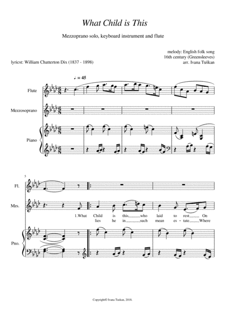 What Child is This, for mezzosoprano solo, flute and piano, F minor/G minor (arr. Ivana Tuskan)