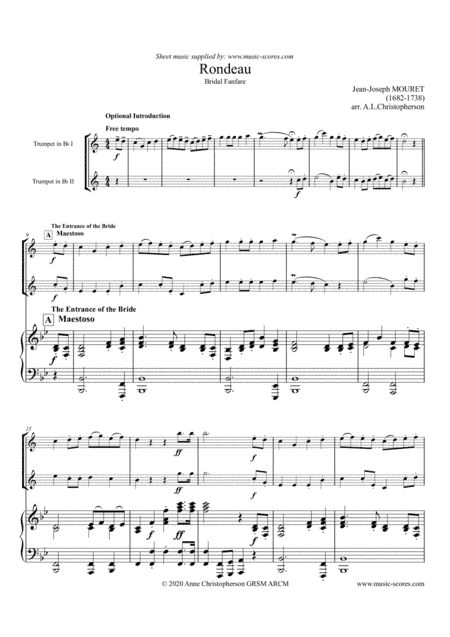 Rondeau - Bridal Fanfare - 2 Trumpets and Piano - Bb major (arr. Anne L Christopherson GRSM ARCM)