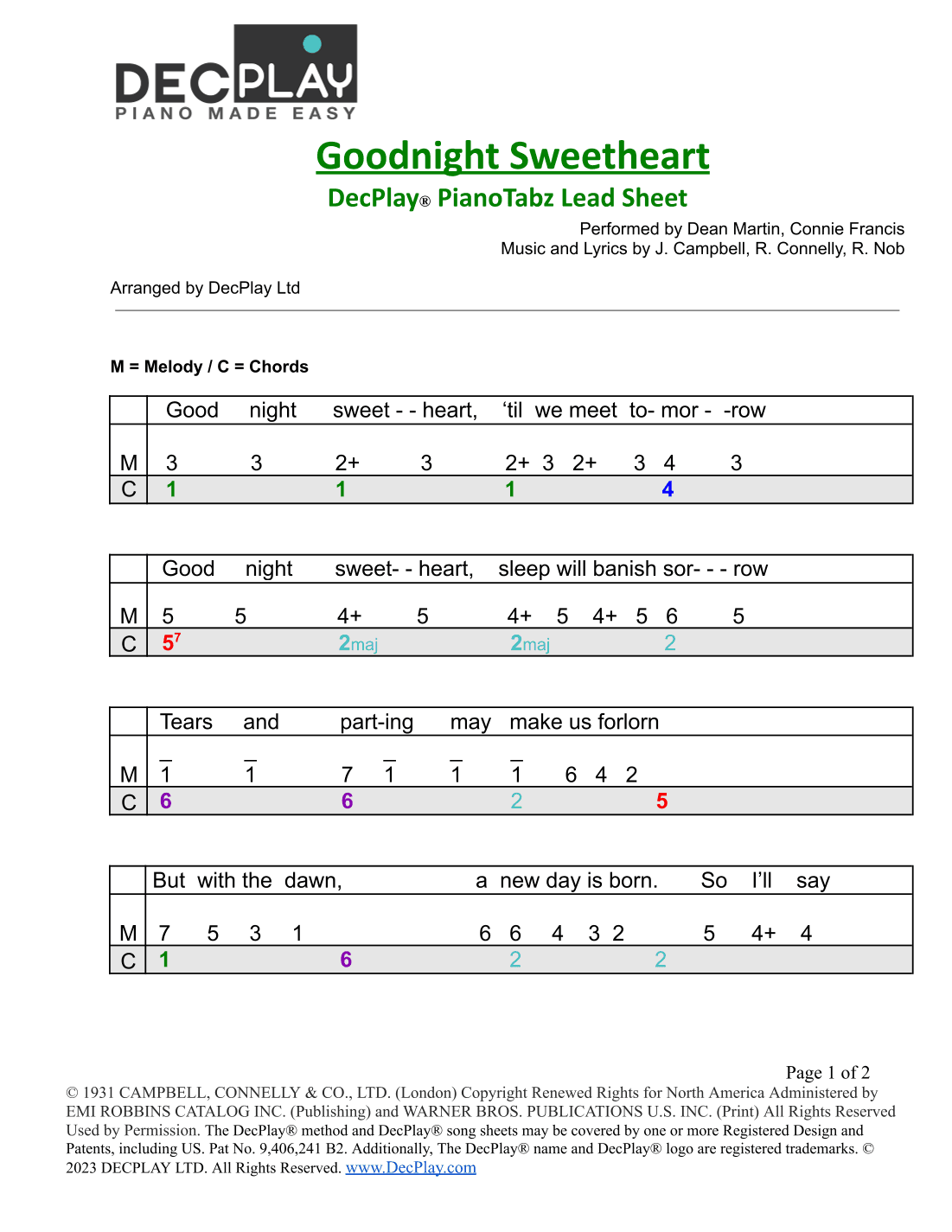 Goodnight Sweetheart (arr. DecPlay Ltd)