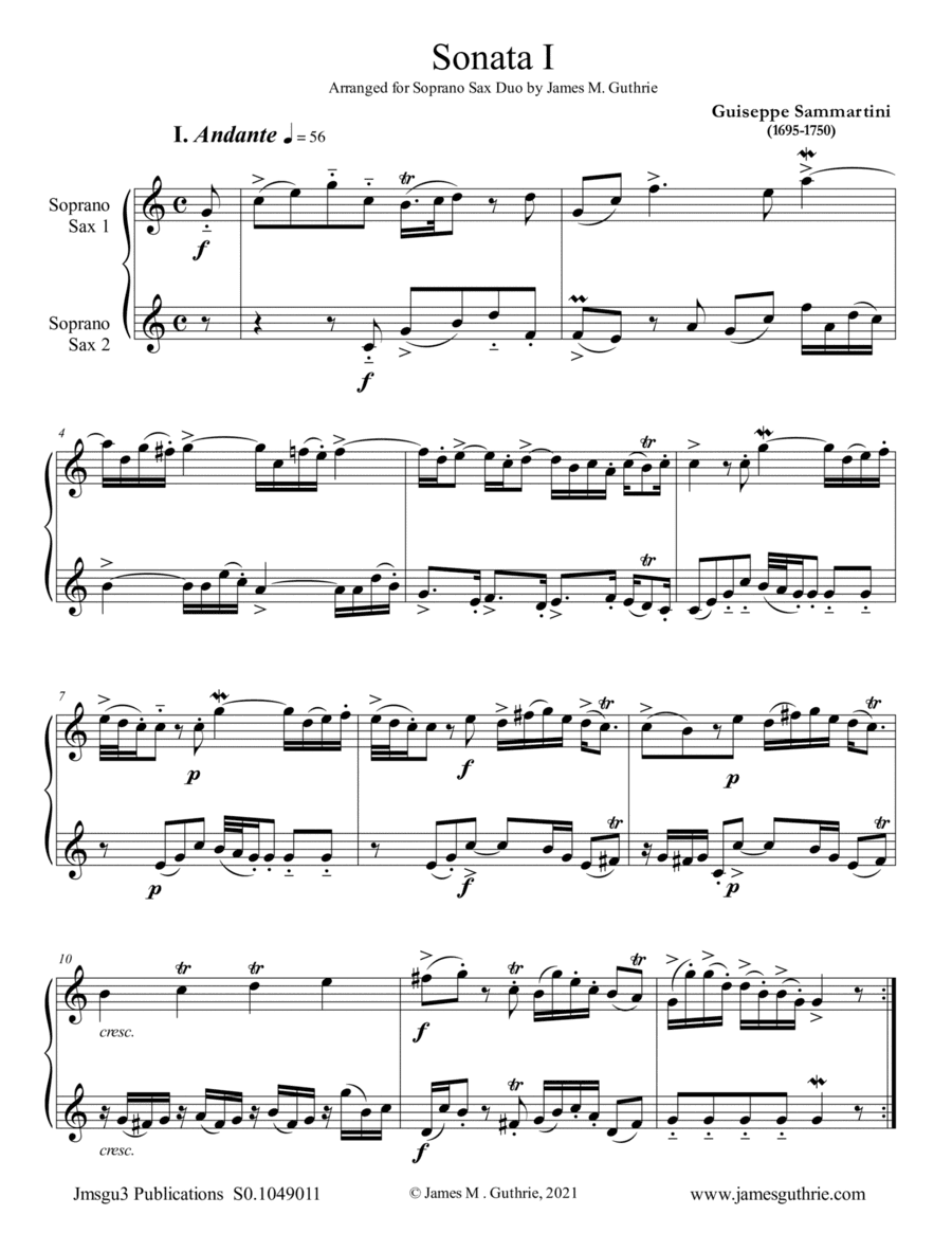 Sammartini: Sonata Op.1 No.1 for Soprano Sax Duo (arr. James M. Guthrie)