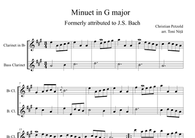 Minuet in G major, BWV Anh.114 (Petzold, Christian) for Clarinet in Bb & Bass Clarinet (arr. Toni Nita)