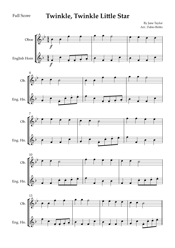 Twinkle, Twinkle Little Star for Oboe & English Horn Duo (arr. Fabio Britto)