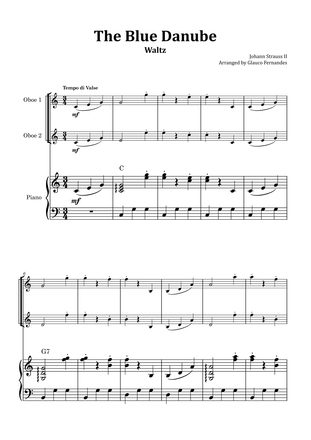 The Blue Danube - Oboe Duet with Piano and Chord Notations (arr. Glauco Fernandes)