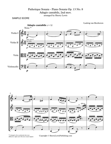 PATHETIQUE SONATA, Adagio cantabile, 2nd mov. Op. 13, No. 8 String Quartet, Intermediate Level for (arr. Sherry Lewis)