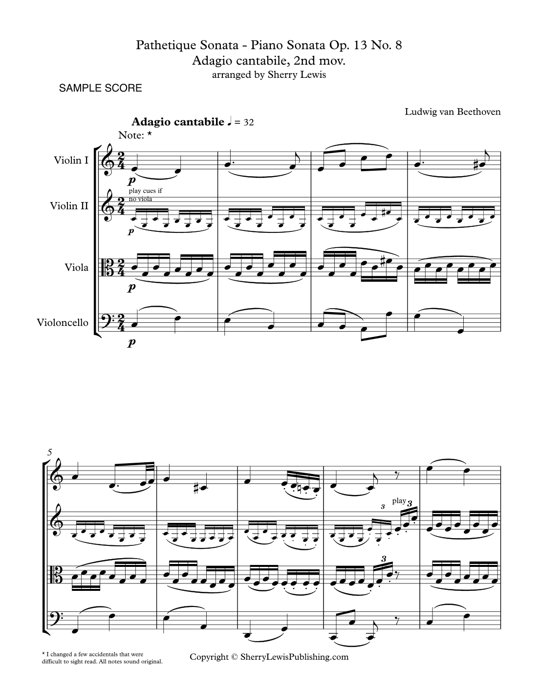 PATHETIQUE SONATA, Adagio cantabile, 2nd mov. Op. 13, No. 8 String Quartet, Intermediate Level for (arr. Sherry Lewis)