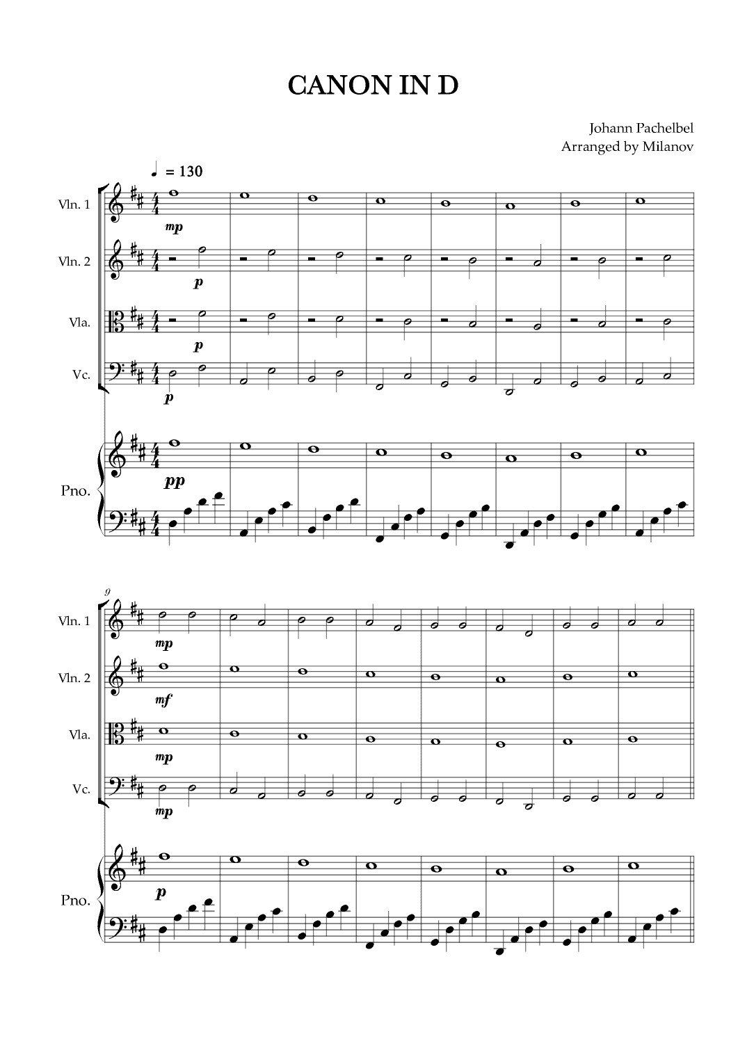 Canon in D | Pachelbel | String quartet | Piano accompaniment (arr. Milanov)