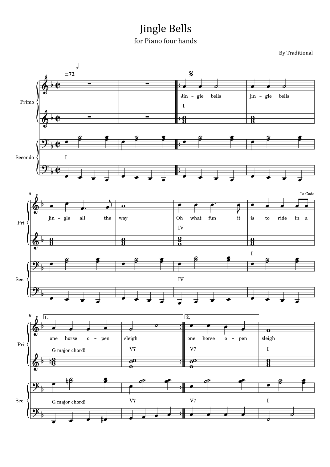 Jingle Bells - for Piano four hands - With Lyric and Chord (arr. poon)