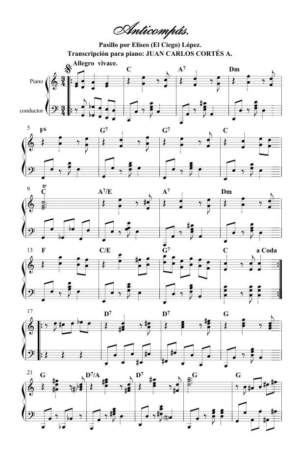 Anticompás - Pasillo instrumental por Eliseo (El ciego) López (arr. Juan Carlos Cortés Aguirre)