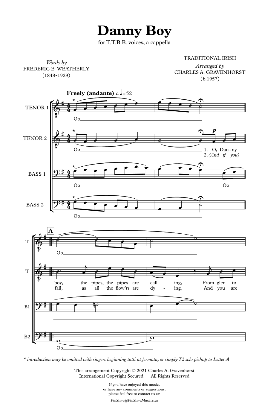 DANNY BOY – TTBB, a cappella (arr. Charles A. Gravenhorst)