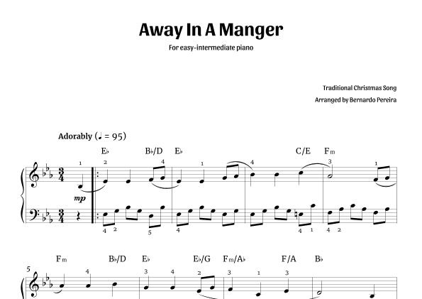 Away In A Manger (easy-intermediate piano in E? major - with chords) (arr. Bernardo Pereira)