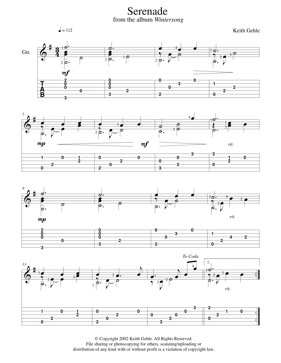 "Serenade" for solo classical fingerstyle guitar (+ TAB)